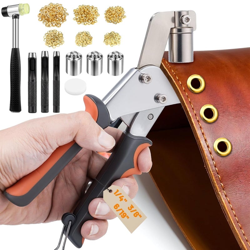 Dntorx Grommet Tool Kit, 1/4″(6mm),6/19″(8mm),3/8″ (10mm) Grommets Heavy Duty Grommet Kit 900 Metal Eyelets and Grommets in Gold Grommet Eyelet Pliers Kit Eyelet Tool for Fabric,Leather,Belt,Shoes,Clothes - Image 1